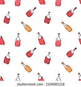 Patrón vectorial con botellas de vino tinto y blanco sobre fondo blanco, Alcohol en una botella de vidrio, Ilustración para envasado, cafés, bares, productos.