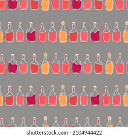 Vector pattern with bottles of red and white wine on a grey background, Alcohol in a glass bottle, Illustration for packaging, cafes, bars, products.