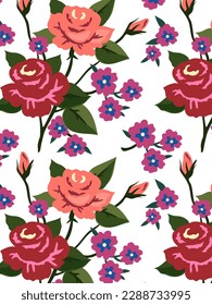 Patrón vectorial con ramo de flores sobre fondo blanco. Rojo, violeta, rosa y verde. Fondo gráfico floral con motivos étnicos. Labor de cancillería ucraniana.	