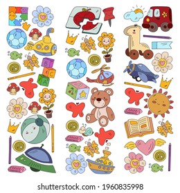 Vector pattern with boys and girls. Kindergarten and toys. Happy childhood and creativity with imagitanion.