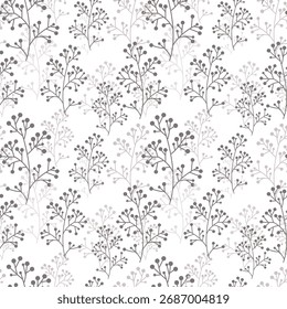 Vector pattern with branches and berries. Grey. For textile wrapping paper