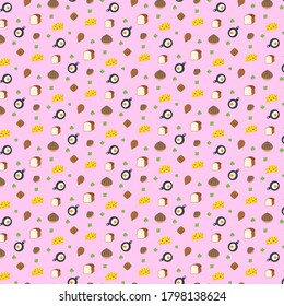Vector pattern with breakfast vibes. Vector pattern with egg, bread, cheese and meat. Cute food pattern. Cute wrapping paper. Fashion pattern for print, wrapping paper.