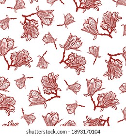 Vector pattern of brick magnolia on a white background. Square vector pattern of red magnolia