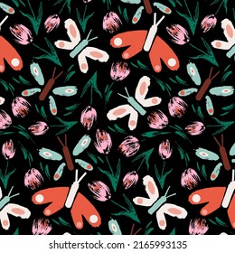 vector pattern with bright butterflies and flowers on a dark background. Summer print for textile and design 