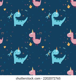 vector pattern: bright dinosaurs in festive caps and confetti on a blue background