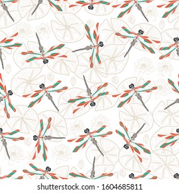 Vector pattern with bright dragonflies over water lilies and green leaves, top view