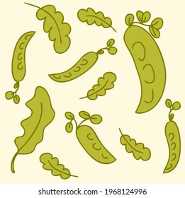 Vector pattern of bright green leaves and pea pods