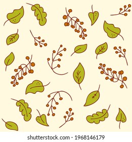 Vector pattern of bright red ripe berries and delicate green leaves 