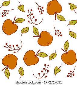 Vector pattern of bright red ripe apples, leaves and branches of berries