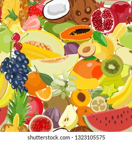 Vector pattern with bright ripe summer fruits. Background picture for window dressing of fruit shops, vitamin eco additives, packaging design and menu, textiles.