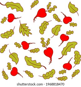Vector pattern in bright summer colors, vegetables beets and salad lettuce leaves