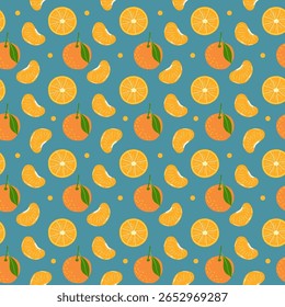 Vector pattern with bright whole tangerines and slices. Citrus tropical pattern on blue background.