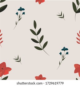 Vector pattern with bright wildflowers and leaves.