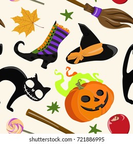 Vector pattern with broom and pumpkin, cat and candy, apple, hat and boot of witch for Halloween on white background in flat style.