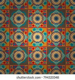 Vector pattern in brown, blue and beige colors. Oriental abstract ornament. Seamless pattern for carpet, textile, wallpaper and any surface.