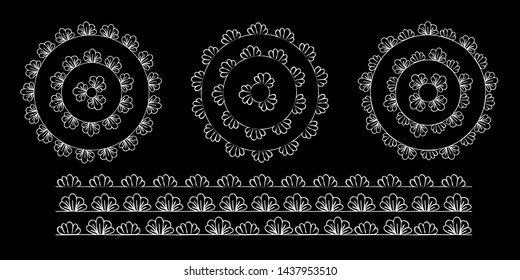 Vector pattern brushes at the black background. Decorated hand drawn elements with abstract ornament and  leaves.Doodle style.Template for coloring book,web, borders, round ornaments,textile, paper