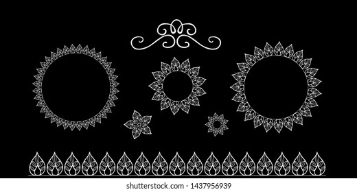 Vector pattern brushes at the black background. Decorated hand drawn elements with abstract ornament and  leaves.Doodle style.Template for coloring book,web, borders, round ornaments,textile, paper