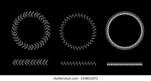 Vector pattern brushes at the black background. Decorated hand drawn elements with abstract ornament and  leaves.Doodle style.Template for coloring book,web, borders, round ornaments,textile, paper