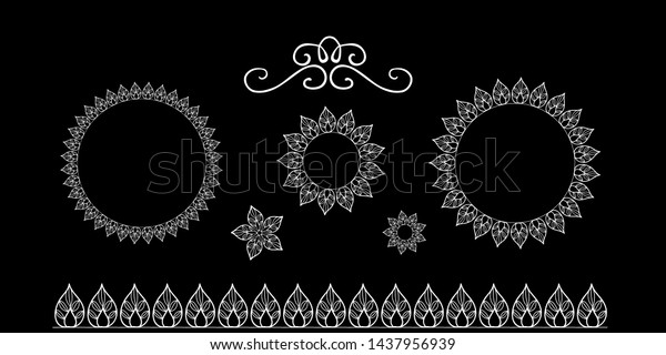Vector pattern brushes at the black background.
Decorated hand drawn elements with abstract ornament and 
leaves.Doodle style.Template for coloring book,web, borders, round
ornaments,textile,
paper