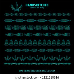 Vector pattern brushes or dividers. Festive blue watercolor on black. Christmas elements, brushes included