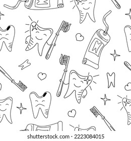 Patrón vectorial de cepillado y cuidado de los dientes. Cepillo de dientes, pasta, dientes sanos y enfermos. Patrón sin foco, textura dental. Estilo Doodle. Gráficos vectoriales, aislados de fondo.