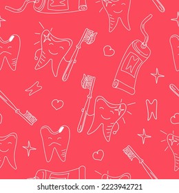 Vector Pattern Of Brushing And Caring For Teeth. Toothbrush, Paste, Healthy And Sick Teeth. Seamless Pattern, Dental Texture. Doodle Style. Vector Graphics, Background Isolated.