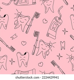 Vector Pattern Of Brushing And Caring For Teeth. Toothbrush, Paste, Healthy And Sick Teeth. Seamless Pattern, Dental Texture. Doodle Style. Vector Graphics, Background Isolated.