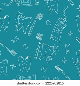 Vector Pattern Of Brushing And Caring For Teeth. Toothbrush, Paste, Healthy And Sick Teeth. Seamless Pattern, Dental Texture. Doodle Style. Vector Graphics, Background Isolated.