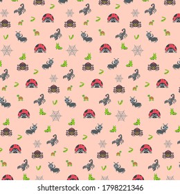 Vector pattern with bugs. Vector pattern with beetle, spider, caterpillar, spider web, snail, frog, scorpion, turtle. Cute bug pattern. Cute wrapping paper. Fashion pattern for print, wrapping paper.