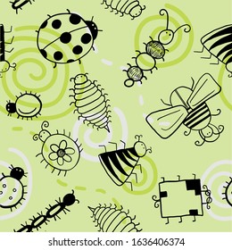vector pattern with bugs on green background