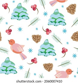 Patrón de vector con 
aletas, árboles verdes de invierno, copos de nieve, bayas rojas. Textura sin foco, fondo de invierno con animales. Navidad festiva, impresión de Año Nuevo, papel para niños para ropa