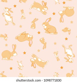 Vector pattern with bunnies and stars. Illustration isolated . Orange rabbits, pink stars.Perfect for kids fabric, textile, nurse.