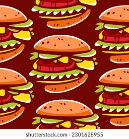 Patrón vectorial de las hamburguesas al estilo de las caricaturas.