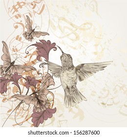 Vector pattern with butterflies, birds and music notes