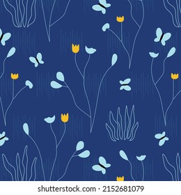 Vector pattern with butterflies and flowers on blue background. 