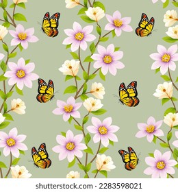 Vektormuster mit Schmetterlingen und Blumen.Helle Schmetterlinge und Äste mit Blumen in einem Vektormuster.