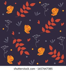 Vector pattern with butterflies and leaves. Modern texture for packaging or design.