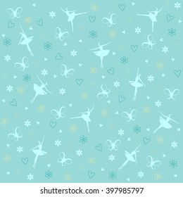 Vector pattern of butterfly ballet dancers and flowers on blue background