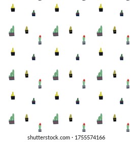 Vector pattern with cacti. cacti of different shapes in pots
