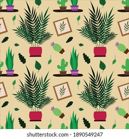 Vector pattern with cacti and indoor plants. Color seamless  pattern with house plants.