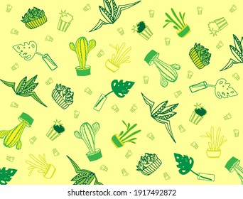 Vector pattern with cacti. Plants background in green and yellow colors.  pattern with succulents and cactuses in pots. Perfect for wallpaper, gift paper and summer greetings. 