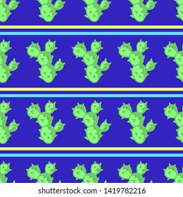 Vector pattern with cacti and stripes on blue background. For textile, fabric, background, Wallpaper, wrapping paper, decoration.