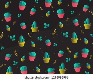 Vector pattern with cactus: For birthday, party invitations, scrapbook, summer holidays. Vector illustration in blue, pink and yellow colors. - Images vectorielles
