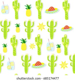 Vector Pattern with cactus, pineapple, sombrero, sun and cocktail in glass jar
