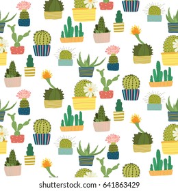 Vector pattern with cactus in pots on a white background