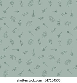 vector pattern with cake, donut, candy on the green background