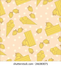 Vector pattern with cakes, ice-cream and strawberries on polka dot retro style background.