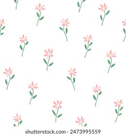Vector pattern with camomile flower in simple hand drawn and linocut style. Simple contour vector illustration for cosmetics, postcard and pattern.