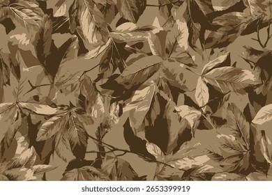 Padrão vetorial de camuflagem com folhas e ramos, em tons castanhos, hiper-realista, altas resoluções.Caça camuflagem com carvalho árvore para caça e militar. Caça camuflagem padrão sem costura.