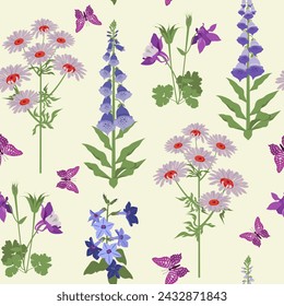 Vector pattern with campanula, aquilegia, chamomile, digitalis and butterflies. Seamless pattern for fabric, paper and other printing projects.